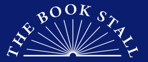 Book Stall Logo - white text on navy background showing open book