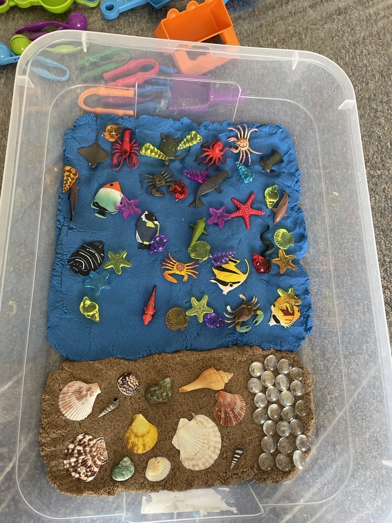 plastic bin filled with blue and tan kinetic sand. On the blue sand are a variety of plastic sea creatures. On the tan sand are a variety of seashells