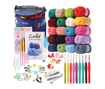 Knitting and crocheting tools, yard, books and bag