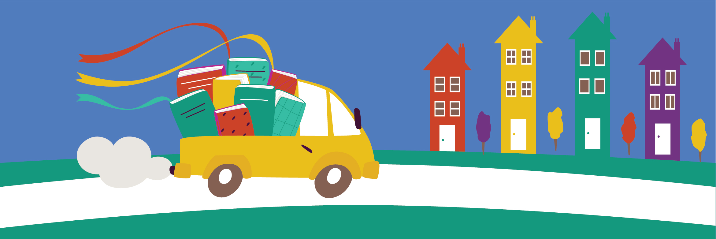 Car with books in the back driving down a street with houses behind