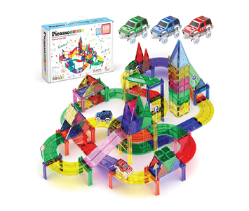 Photos of a racing track game with magnetic plastic tiles