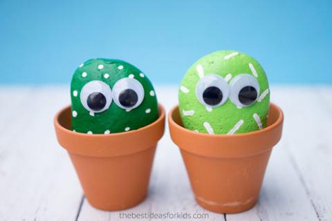 rocks painted green with googly eyes resembling cacti in terracotta pots