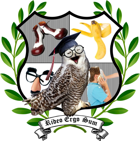 The Laughing Academy Logo- a laughing owl in a graduate cap, superimposed over a shield with clown shoes, groucho glasses, a banana peel, and someone getting hit in the face with a pie