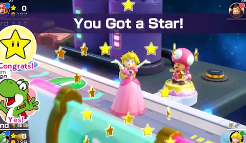 Princess Peach and Toad amongst a huge board game filled with stars and colors and joy.