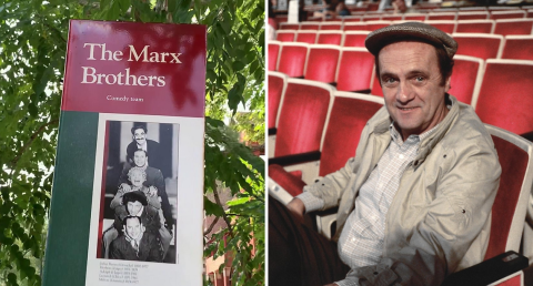Two side by side images of a Marx Brothers pamphlet and Bob Newhart