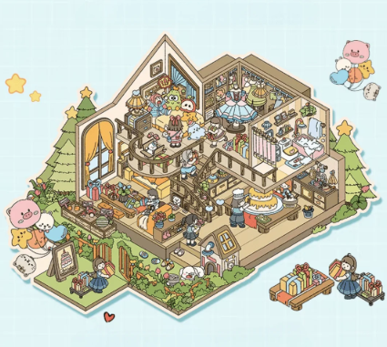 Cozy sticker scene with layout of house that has many rooms and animals and objects.