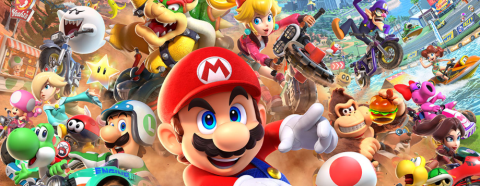 Mario and other characters in cars amidst many environments. 