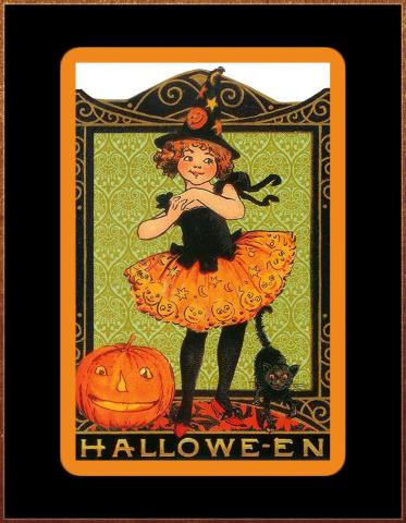 vintage illustration of girl dressed as witch with black cat and pumpkin