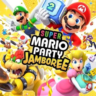 Super Mario Party Jamboree with Luigi, Mario, Bowser and Peach on the cover with Mario holding a dice block