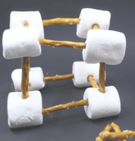 Pretzel sticks and marshmallows forming an interesting shape.