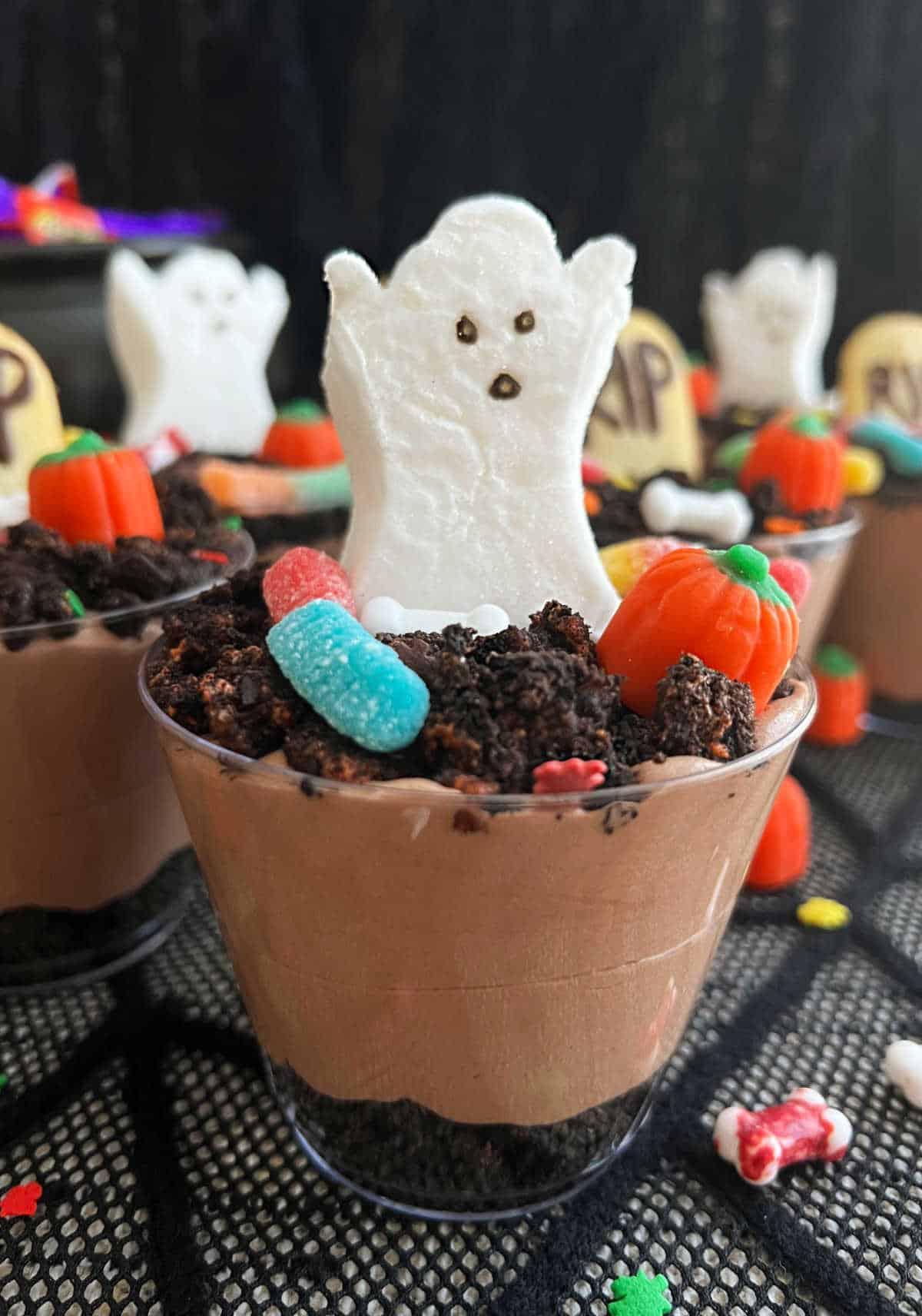 pudding cup with peep ghost and candy corn