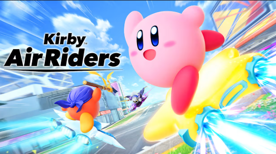 Kirby Air Riders logo with Kirby flying on a Warp Star with Bandana Waddle Dee between 