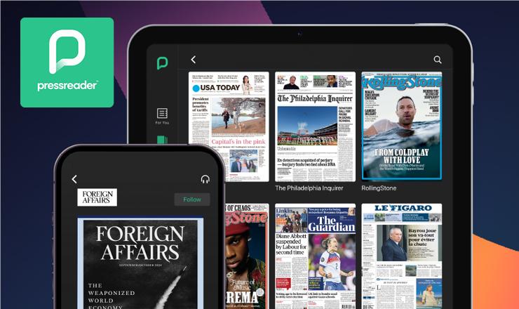 Press Reader image of ipad and iphone showing digital covers of newspapers and magazines
